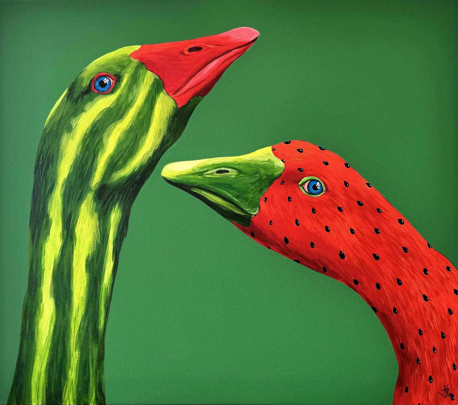 Image of Watermelon geese by Ivanka Nechyporyk, size: 70x80 cm, made of Acrylic on canvas, Painting medium, from Kyiv , priced at $1100