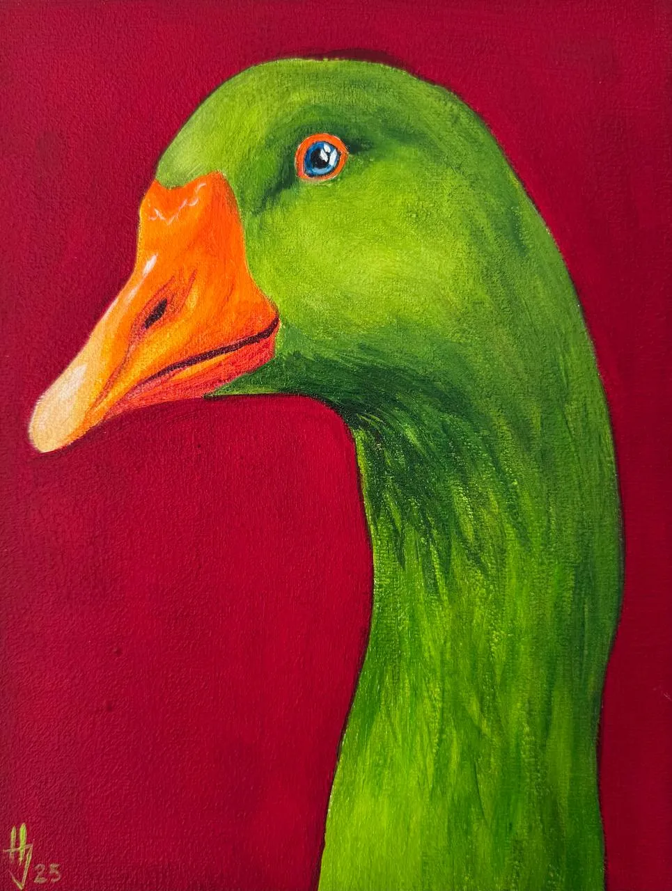 Image of green goose by Ivanka Nechyporyk, size: 18x24 cm, made of Acrylic on canvas, Painting medium, from Kyiv, priced at $200