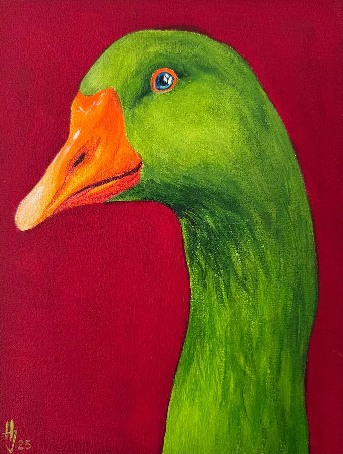 Image of green goose by Ivanka Nechyporyk, size: 18x24 cm, made of Acrylic on canvas, Painting medium, from Kyiv, priced at $200